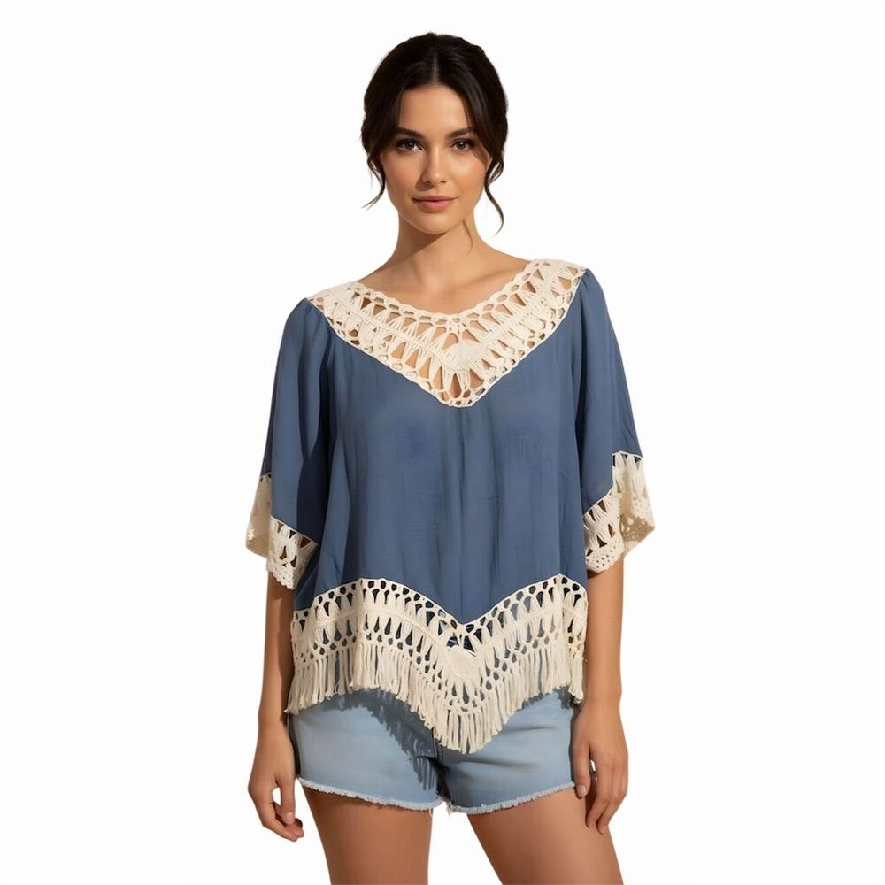 Mittoshop Fringe Crochet Lace V-Neck Women’s Blouse‎ - Picture 4 of 7